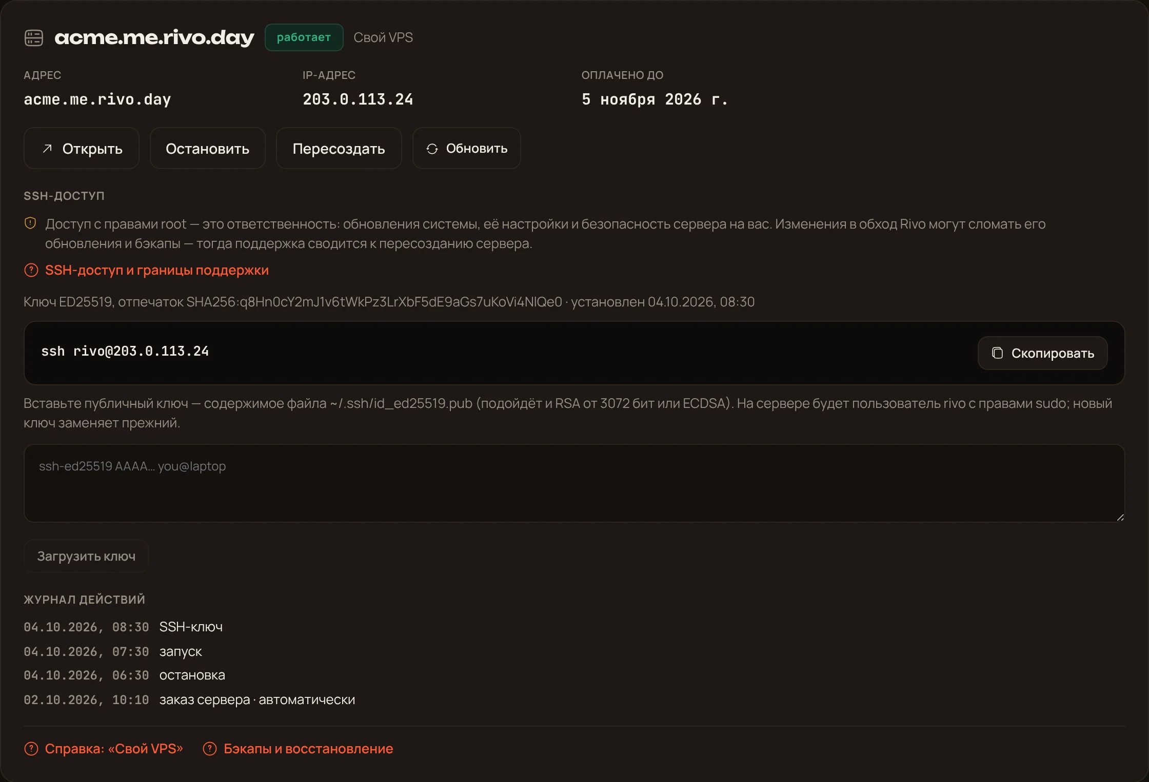 Карточка «Своего VPS» в кабинете: адрес, IP, SSH-доступ и кнопки управления