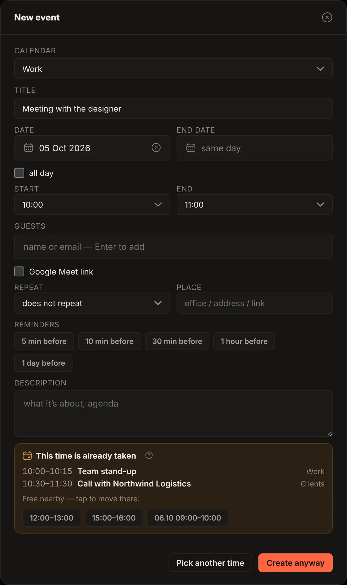 The event form with the “This time is already taken” warning and free slots nearby