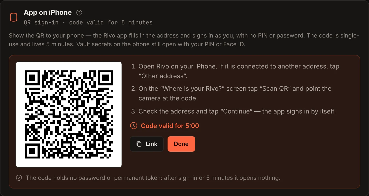Settings → Access → App on iPhone: the QR code and the countdown